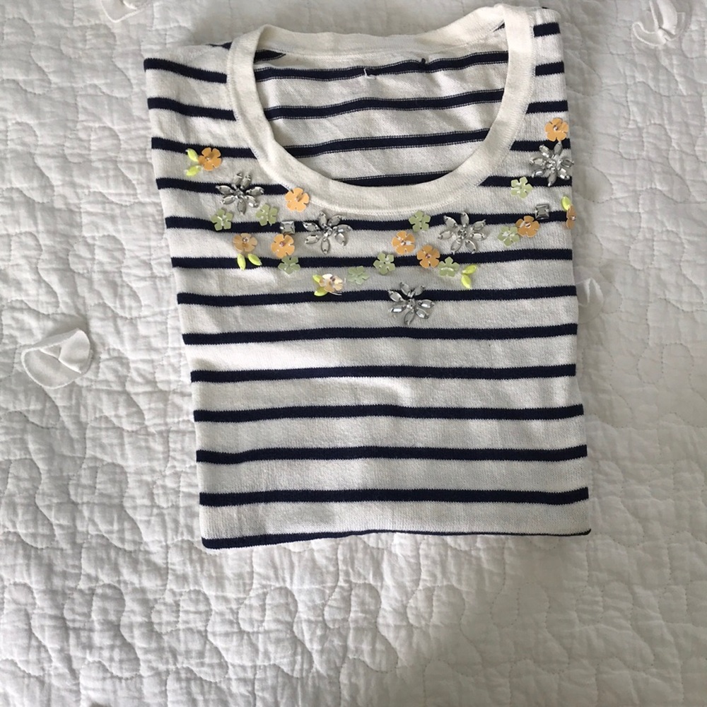 J Crew Blue & White Striped Short Sleeve Sweater